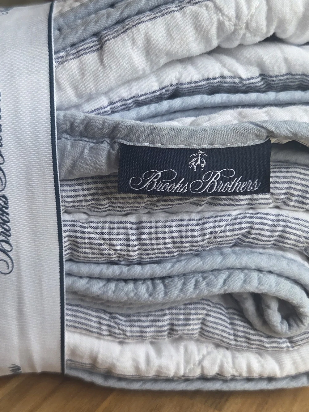 Brooks Brothers King Linen Cotton Quilt - White with Blue Stripe